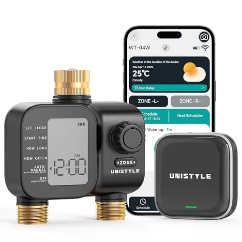 [2026 Upgrade] WiFi Sprinkler Timer 2 Zone with Brass Inlets & Outlets, Unistyle Water Timer for Garden, Hose Timers Compatible Alexa/Google Voice, APP Remote Control Irrigation Timers for Garden Lawn