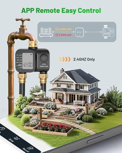 [2026 Upgrade] WiFi Sprinkler Timer 2 Zone with Brass Inlets & Outlets, Unistyle Water Timer for Garden, Hose Timers Compatible Alexa/Google Voice, APP Remote Control Irrigation Timers for Garden Lawn