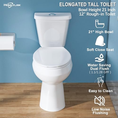 22 Inch Elongated Tall Toilet for Seniors, Extra High Toilet for Bathroom, Comfort Bowl Height 21 Inch, Seat Height 22", Two-Piece Dual Flush 1.1/1.6 GPF, 12 Inch Rough-in, White