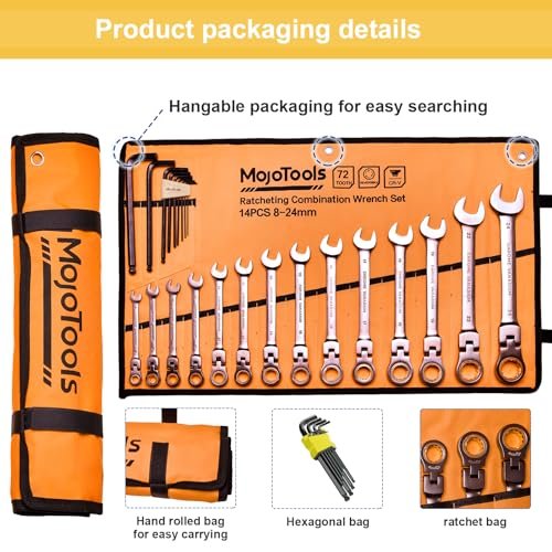 23-Piece Flex-Head Ratcheting Combination Wrench Set-Includes 14PCS Metric 8-24mm Ratchet Combination Wrenches Set,9PCS Allen Wrenches-72-Teeth,Cr-V Constructed,Nickel Plated,Organizer Bag