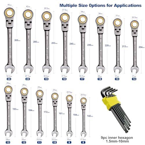 23-Piece Flex-Head Ratcheting Combination Wrench Set-Includes 14PCS Metric 8-24mm Ratchet Combination Wrenches Set,9PCS Allen Wrenches-72-Teeth,Cr-V Constructed,Nickel Plated,Organizer Bag