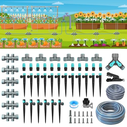 230FT Drip Irrigation System Kit with Quick-Connect System, Repeatable Assembly PE Hose, Y-Type Distribution Tubing, Three Adjustable Nozzle Types, Upgrades Watering System for Outdoor Plants