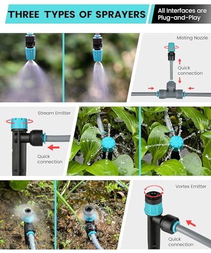 230FT Drip Irrigation System Kit with Quick-Connect System, Repeatable Assembly PE Hose, Y-Type Distribution Tubing, Three Adjustable Nozzle Types, Upgrades Watering System for Outdoor Plants