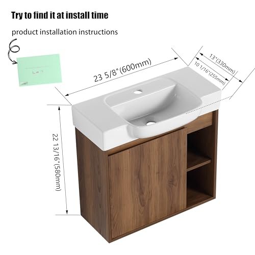 24 Inch Floating Vanity, 24" Bathroom Vanity with Sink, Single Sink Wall Mounted Vanity Combo, Modern Brown Bathroom Vanity Set with 1 Door
