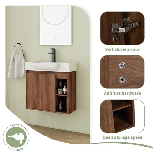 24 Inch Floating Vanity, 24" Bathroom Vanity with Sink, Single Sink Wall Mounted Vanity Combo, Modern Brown Bathroom Vanity Set with 1 Door