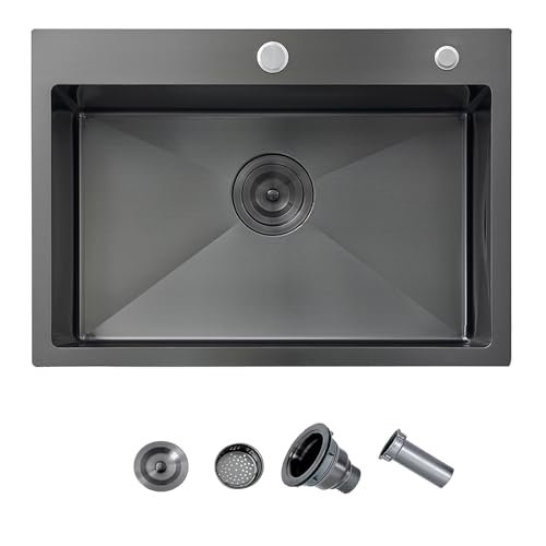 24 Inch Kitchen Sink Drop In, 24x18 Inch Gunmetal Black Stainless Steel Bar Topmount Single Bowl RV Laundry Utility Outdoor Wet Prep Small Sink with Drain