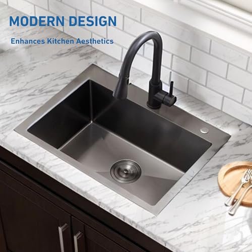 24 Inch Kitchen Sink Drop In, 24x18 Inch Gunmetal Black Stainless Steel Bar Topmount Single Bowl RV Laundry Utility Outdoor Wet Prep Small Sink with Drain