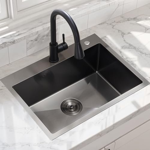 24 Inch Kitchen Sink Drop In, 24x18 Inch Gunmetal Black Stainless Steel Bar Topmount Single Bowl RV Laundry Utility Outdoor Wet Prep Small Sink with Drain
