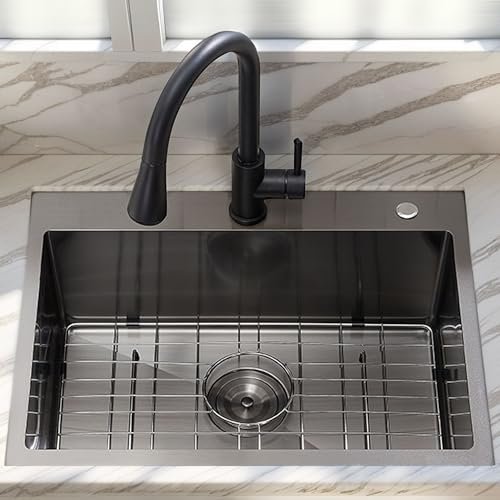 24 Inch Kitchen Sink Drop In, 24x18 Inch Gunmetal Black Stainless Steel Bar Topmount Single Bowl RV Laundry Utility Outdoor Wet Prep Small Sink with Drain