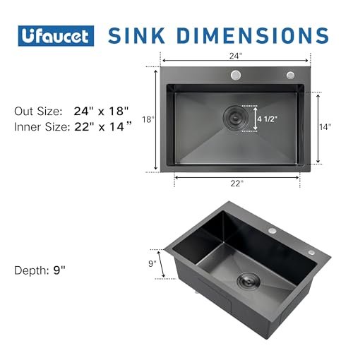 24 Inch Kitchen Sink Drop In, 24x18 Inch Gunmetal Black Stainless Steel Bar Topmount Single Bowl RV Laundry Utility Outdoor Wet Prep Small Sink with Drain