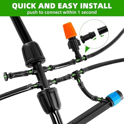 240FT DIY Automatic Drip Irrigation System Kits for Garden Plant Watering Misting System for Greenhouse Patio Lawn with Adjustable Drip Emitters 5/16" and 1/4" Irrigation Tubing Connectors Fittings