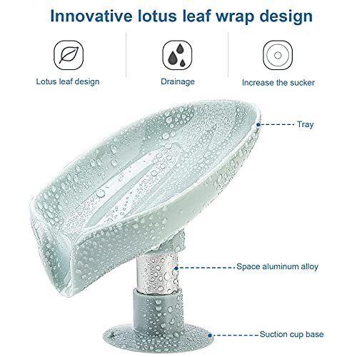 2Pack Soap Holder Leaf-Shape - Self Draining Soap Dish Holder, Not Punched Easy Clean Bar Soap Holder, with Suction Cup Soap Dish Suitable for Shower, Bathroom, Kitchen Sink (Grey + Green)