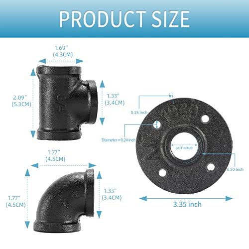 3/4"Black Pipe Fitting, Home TZH 30 Pack Floor Flange/Elbow/Tee Combo for Industrial vintage style, Flanges/Elbow/Tee with Threaded Hole for DIY Project/Furniture/Shelving(30, Black 3/4")