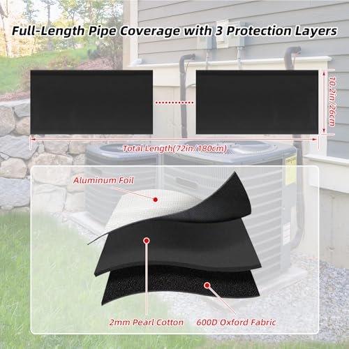 3-Layer 72x10.2 in HVAC Pipe Insulation Cover,Outdoor AC Line Insulation Cover with Waterproof Oxford ,Flexible Sleeve for AC Pipe Insulation Outdoor and Mini Split Systems (Black, 1 Pack)