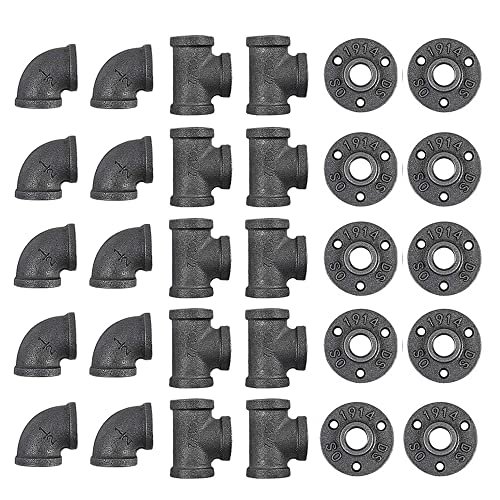 30 Pack 1/2 Inch Cast Iron Pipe Fittings (10 Elbows, 10 Tees, 10 Flange), DIY Steampunk Industrial Vintage Style.
