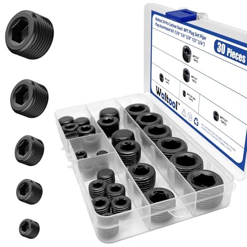 30 Pcs Carbon Steel NPT Pipe Plugs Assortment Kit 1/8" 1/4" 3/8" 1/2" 3/4" Internal Hex Thread Socket Pipe Plug for Sealing Pipe Port