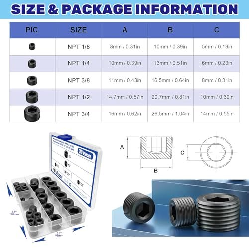 30 Pcs Carbon Steel NPT Pipe Plugs Assortment Kit 1/8" 1/4" 3/8" 1/2" 3/4" Internal Hex Thread Socket Pipe Plug for Sealing Pipe Port