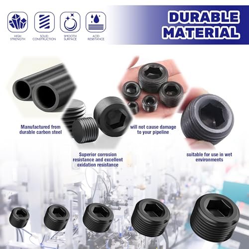 30 Pcs Carbon Steel NPT Pipe Plugs Assortment Kit 1/8" 1/4" 3/8" 1/2" 3/4" Internal Hex Thread Socket Pipe Plug for Sealing Pipe Port