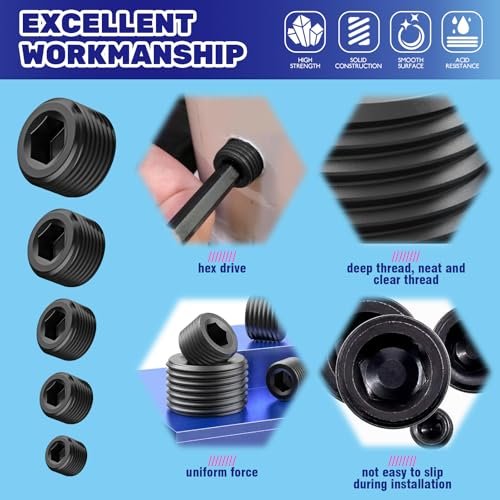 30 Pcs Carbon Steel NPT Pipe Plugs Assortment Kit 1/8" 1/4" 3/8" 1/2" 3/4" Internal Hex Thread Socket Pipe Plug for Sealing Pipe Port