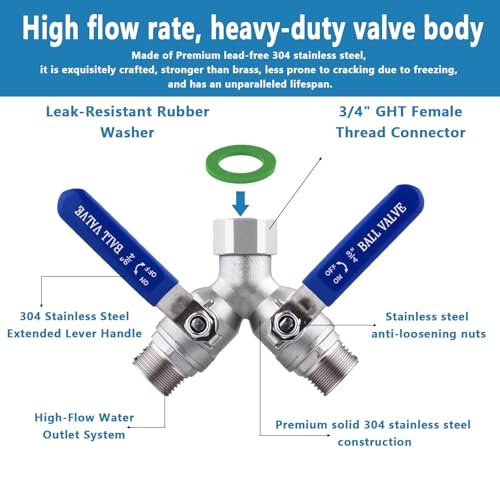 304 Stainless Steel Garden Hose Splitter 2 Way Heavy Duty, Full Flow Y Valve Water Hose Splitter With Long Handle, Lead-free，3/4" GHT Thread