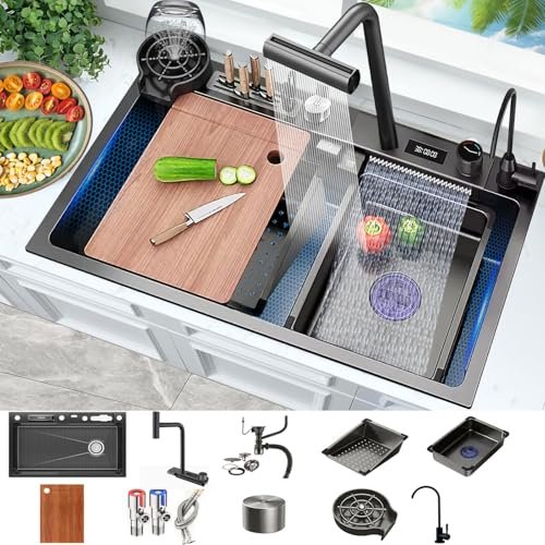 31.5" Stainless Steel Undermount Kitchen Sink, Single Bowl – Waterfall Workstation Sink Drop In, Nano Coating, Faucet Combo and Cup Washer, Smart Sinks For Modern Household,Farmhouse,Bar,RV