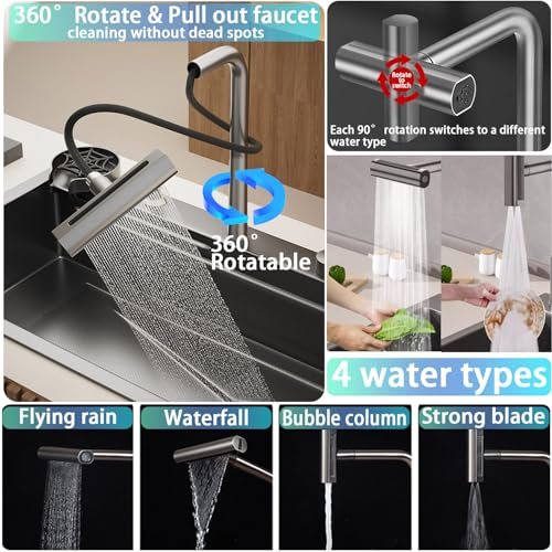 31.5" Stainless Steel Undermount Kitchen Sink, Single Bowl – Waterfall Workstation Sink Drop In, Nano Coating, Faucet Combo and Cup Washer, Smart Sinks For Modern Household,Farmhouse,Bar,RV