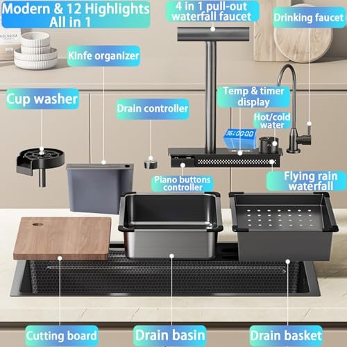 31.5" Stainless Steel Undermount Kitchen Sink, Single Bowl – Waterfall Workstation Sink Drop In, Nano Coating, Faucet Combo and Cup Washer, Smart Sinks For Modern Household,Farmhouse,Bar,RV