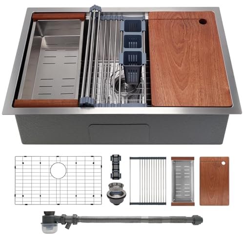 32" x 19" Multifunctional Undermount Workstation Kitchen Sink S304 Stainless Steel Handmade Modern Single Bowl Kitchen Sink with Accessories and Integrated