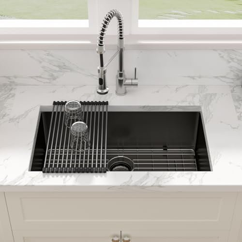 33 Black Kitchen Sink Undermount - Sarlai 33 inch Gunmetal Black Stainless Steel 16 Gauge Undermount Single Bowl Kitchen Sink Basin