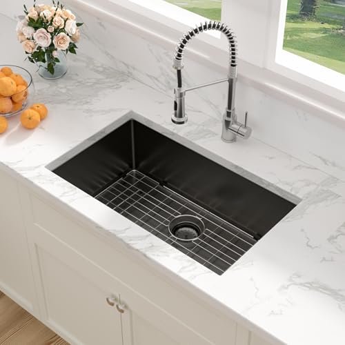 33 Black Kitchen Sink Undermount - Sarlai 33 inch Gunmetal Black Stainless Steel 16 Gauge Undermount Single Bowl Kitchen Sink Basin