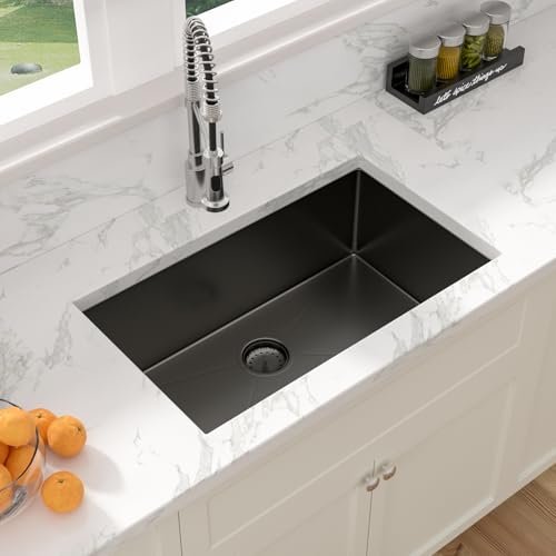 33 Black Kitchen Sink Undermount - Sarlai 33 inch Gunmetal Black Stainless Steel 16 Gauge Undermount Single Bowl Kitchen Sink Basin