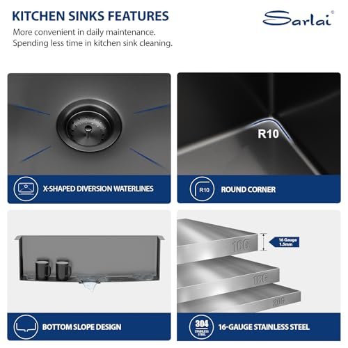 33 Black Kitchen Sink Undermount - Sarlai 33 inch Gunmetal Black Stainless Steel 16 Gauge Undermount Single Bowl Kitchen Sink Basin
