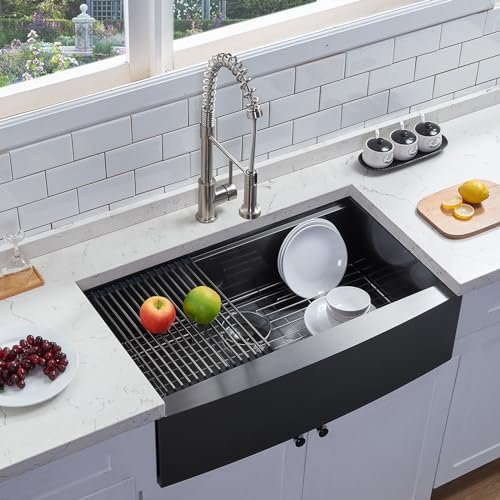 33 Inch Black Farmhouse Sink,Gunmetal Black Apron-Front Stainless Steel Deep Single Bowl 16 Gauge Undermount Farmhouse Kitchen Sink with Integrated Ledge and Accessories