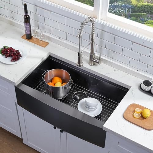 33 Inch Black Farmhouse Sink,Gunmetal Black Apron-Front Stainless Steel Deep Single Bowl 16 Gauge Undermount Farmhouse Kitchen Sink with Integrated Ledge and Accessories