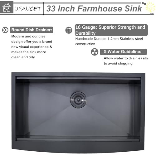 33 Inch Black Farmhouse Sink,Gunmetal Black Apron-Front Stainless Steel Deep Single Bowl 16 Gauge Undermount Farmhouse Kitchen Sink with Integrated Ledge and Accessories