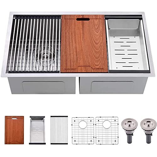 33 Inch Double Bowl Undermount Kitchen Sink Workstation-Bokaiya 33x19 Undermount Kitchen Sink Double Bowl 16 Gauge Stainless Steel Deep 50/50 Low Divide Kitchen Sinks with Accessories