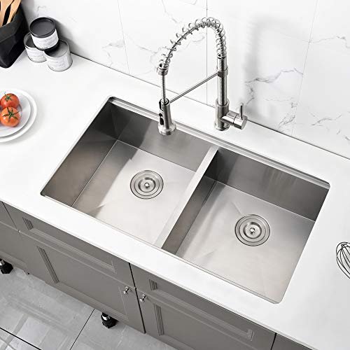 33 Inch Double Bowl Undermount Kitchen Sink Workstation-Bokaiya 33x19 Undermount Kitchen Sink Double Bowl 16 Gauge Stainless Steel Deep 50/50 Low Divide Kitchen Sinks with Accessories