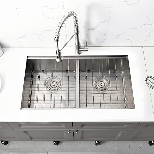 33 Inch Double Bowl Undermount Kitchen Sink Workstation-Bokaiya 33x19 Undermount Kitchen Sink Double Bowl 16 Gauge Stainless Steel Deep 50/50 Low Divide Kitchen Sinks with Accessories