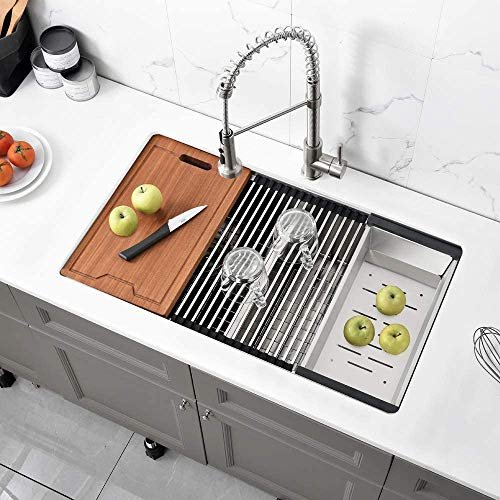 33 Inch Double Bowl Undermount Kitchen Sink Workstation-Bokaiya 33x19 Undermount Kitchen Sink Double Bowl 16 Gauge Stainless Steel Deep 50/50 Low Divide Kitchen Sinks with Accessories