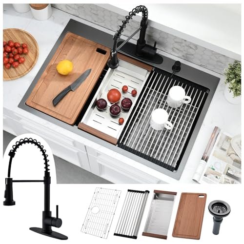 33x19 Black Drop In Kitchen Sink with Faucet - 33 Inch Drop In Kitchen Sink Workstation, 10 Inch Deep Black Stainless Steel Single Bowl Sinks with Accessories