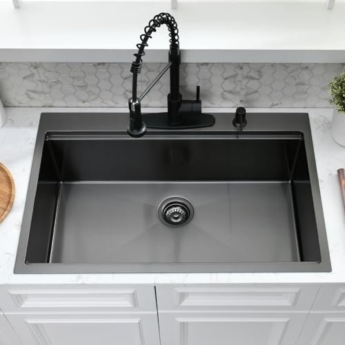 33x19 Black Drop In Kitchen Sink with Faucet - 33 Inch Drop In Kitchen Sink Workstation, 10 Inch Deep Black Stainless Steel Single Bowl Sinks with Accessories
