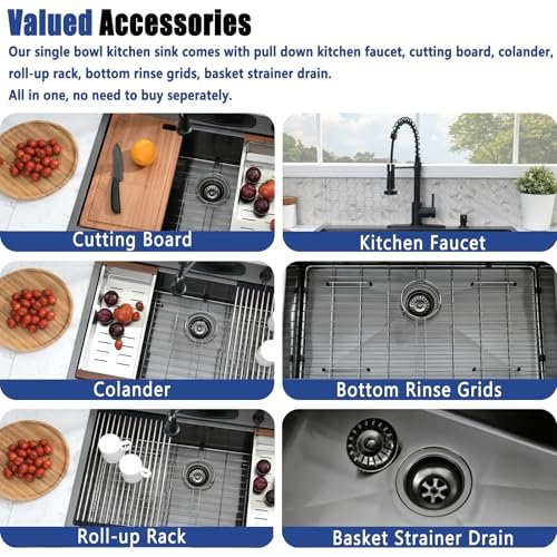 33x19 Black Drop In Kitchen Sink with Faucet - 33 Inch Drop In Kitchen Sink Workstation, 10 Inch Deep Black Stainless Steel Single Bowl Sinks with Accessories