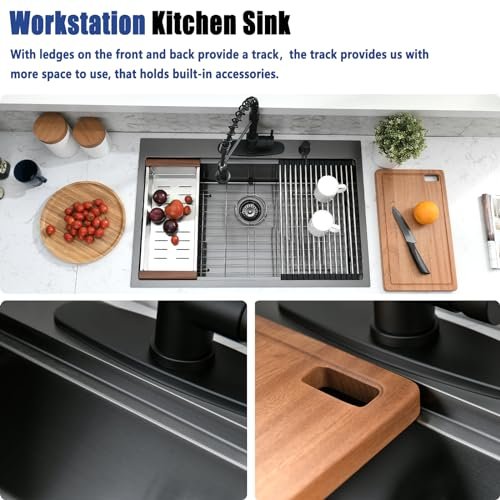 33x19 Black Drop In Kitchen Sink with Faucet - 33 Inch Drop In Kitchen Sink Workstation, 10 Inch Deep Black Stainless Steel Single Bowl Sinks with Accessories