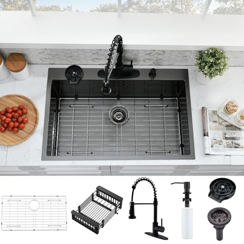33×19 Drop In Kitchen Sink with Faucet Combo-Stainless Steel Black Drop In Sink with Cup Washer, 9 Inch Deep Single Bowl Kitchen Sinks and Faucets Combo Set,Top Mount Design for Modern Kitchens