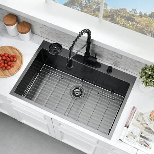 33×19 Drop In Kitchen Sink with Faucet Combo-Stainless Steel Black Drop In Sink with Cup Washer, 9 Inch Deep Single Bowl Kitchen Sinks and Faucets Combo Set,Top Mount Design for Modern Kitchens