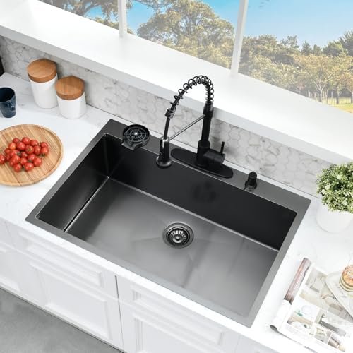 33×19 Drop In Kitchen Sink with Faucet Combo-Stainless Steel Black Drop In Sink with Cup Washer, 9 Inch Deep Single Bowl Kitchen Sinks and Faucets Combo Set,Top Mount Design for Modern Kitchens