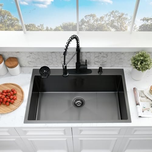 33×19 Drop In Kitchen Sink with Faucet Combo-Stainless Steel Black Drop In Sink with Cup Washer, 9 Inch Deep Single Bowl Kitchen Sinks and Faucets Combo Set,Top Mount Design for Modern Kitchens