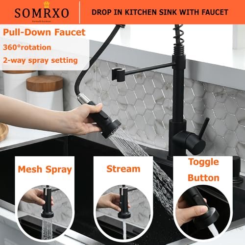33×19 Drop In Kitchen Sink with Faucet Combo-Stainless Steel Black Drop In Sink with Cup Washer, 9 Inch Deep Single Bowl Kitchen Sinks and Faucets Combo Set,Top Mount Design for Modern Kitchens