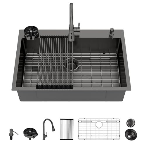33x22 Black Drop in Kitchen Sink with Pull-out Faucet Soap dispenser 33 Inch Stainless Steel Sinks 16 Guage 304 Single Bowl 9'' Deep Sinks with Cup Washer LMTB33229-F