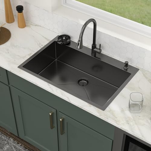 33x22 Black Drop in Kitchen Sink with Pull-out Faucet Soap dispenser 33 Inch Stainless Steel Sinks 16 Guage 304 Single Bowl 9'' Deep Sinks with Cup Washer LMTB33229-F